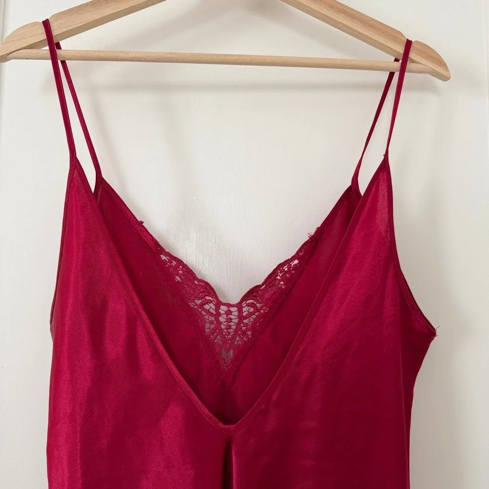 Vntg Intimate Affair Red Satin Lace Trim Nightgown‎ Slip Dress L: Boho, 90's